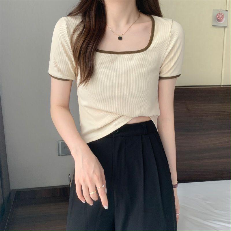 Dámské triko s krátkým rukávem velké yardy k odhalení límce s čtvercovým výstřihem tenké uvnitř s krátkým rukávem