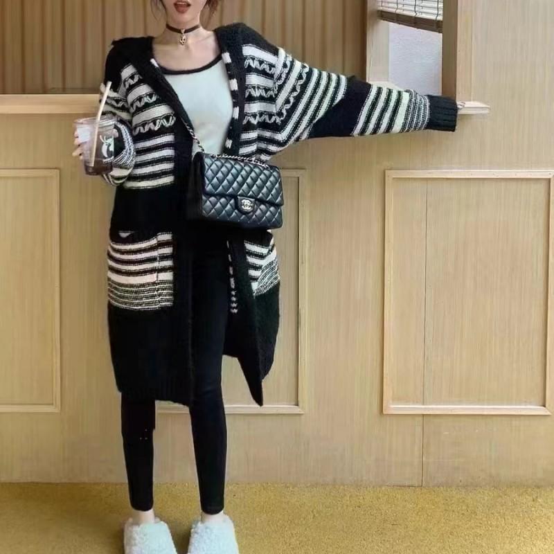 

Ретро толстовка с капюшоном женская в ленивом стиле, с высоким чувством, средней длины, с дизайнерским чувством, контрастного цвета, в полоску, вязаный кардиган чёрный