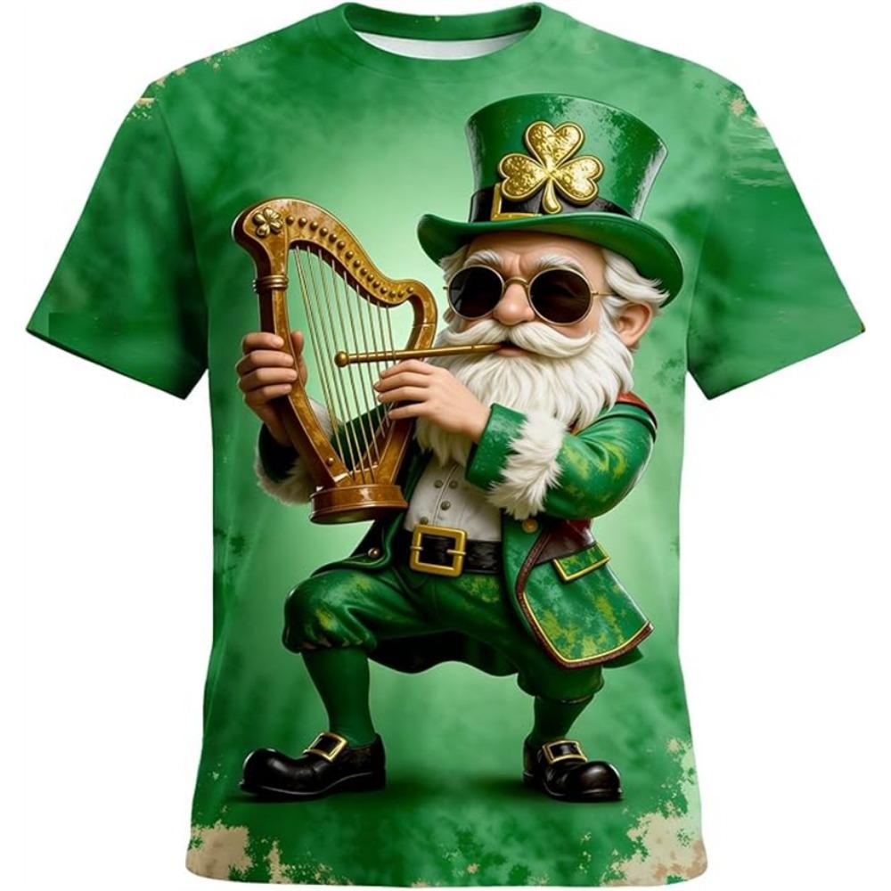 Men's Fashion Short-Sleeve Crew Neck Top 3D Printed Lucky Four-Leaf Clover Green T-Shirt