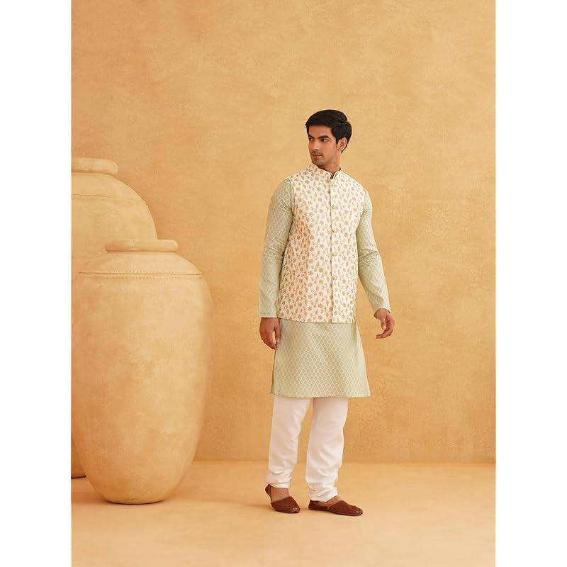 SOJANYA (Since Men' Silk Blend Self Design Pista Kurta with Pyjama & Nehru Jacket