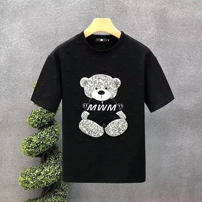 Men's Summer 2023 Cartoon Bear Embroidered Round-Neck T-Shirt, Short-Sleeved and Stylish