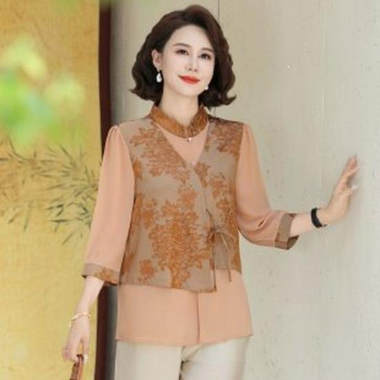 Elegant Summer Seven-Sleeve Blouse for Mothers: National Style, Suitable for Middle-Aged and Elderly Women 4XL оранжевый