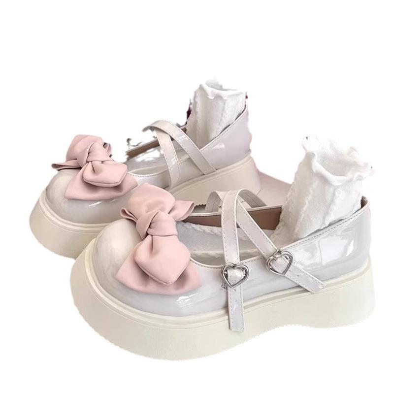 JK Small Leather Shoes Women's Spring and Autumn Platform Muffin Bow New Round Head Mary Jane Shoes