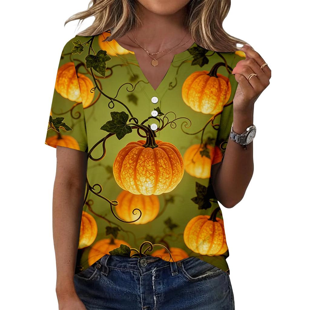 Women's Halloween Print V Neck Short Sleeve Button Front T Shirt Casual Fashion Top for Everyday Wear and Seasonal Events