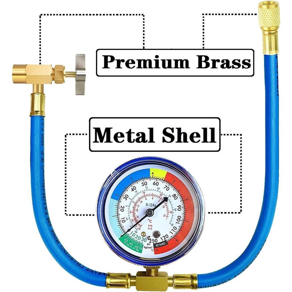 R134A Refrigerator Freon Recharge Hose Kit, R134A AC Refrigerant Charging Hose Gauge, Bullet Piercing Valve Hose Refrigerant Can Tap