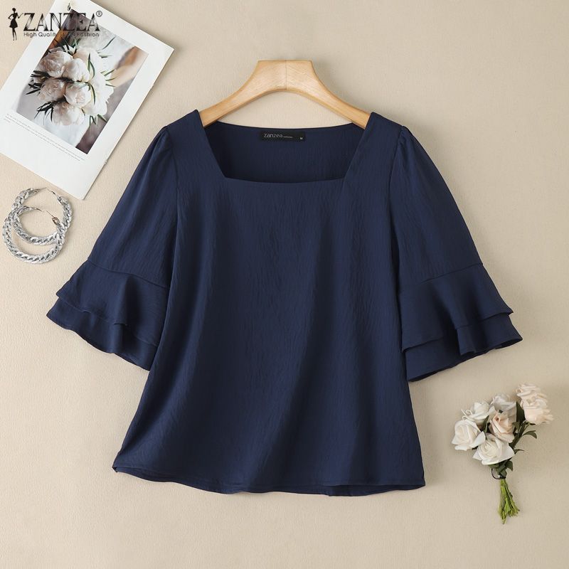 ZANZEA Blusa Elegante Casual da Donna con Scollo Quadrato, Maniche a Svasatura Ampie e Vestibilità Larga