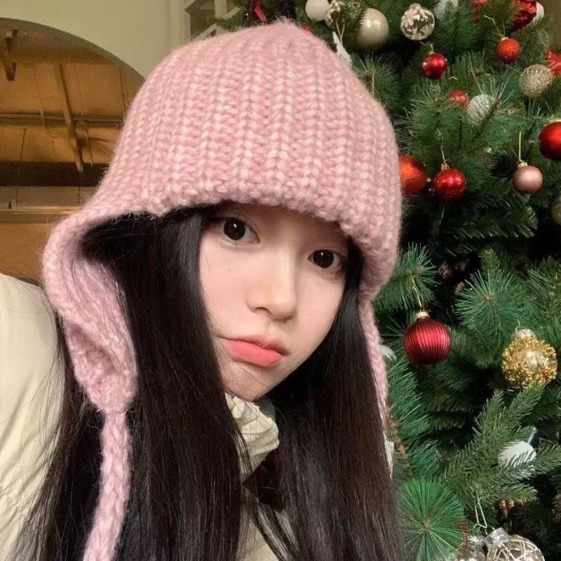 Autumn and Winter Extended Ear Protection Wool Hat, Female Cycling, Cycling Lace-up, Cold-proof and Warm, Showing the Face, Small Bag Head Knitted Hat