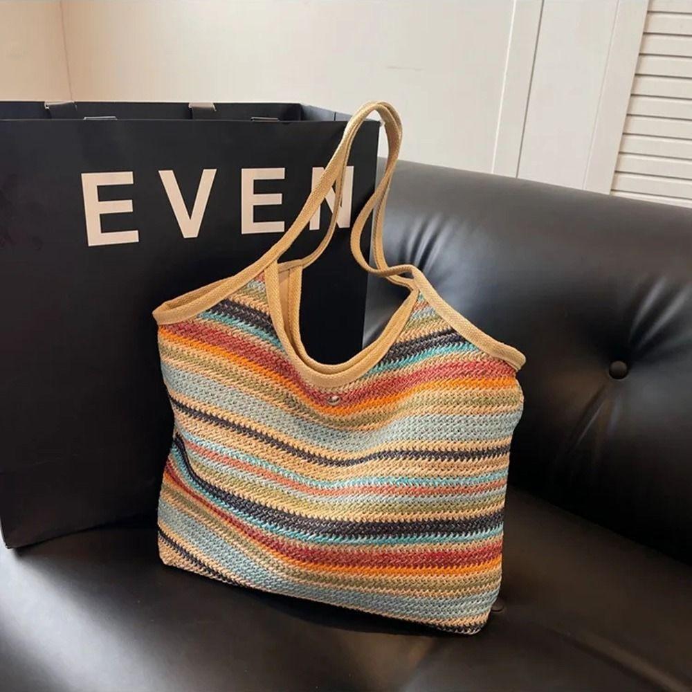 

Large Capacity Women s Crochet Shoulder Bag Rainbow Stripe Casual Handbag Underarm Tote Bag Summer Style 1