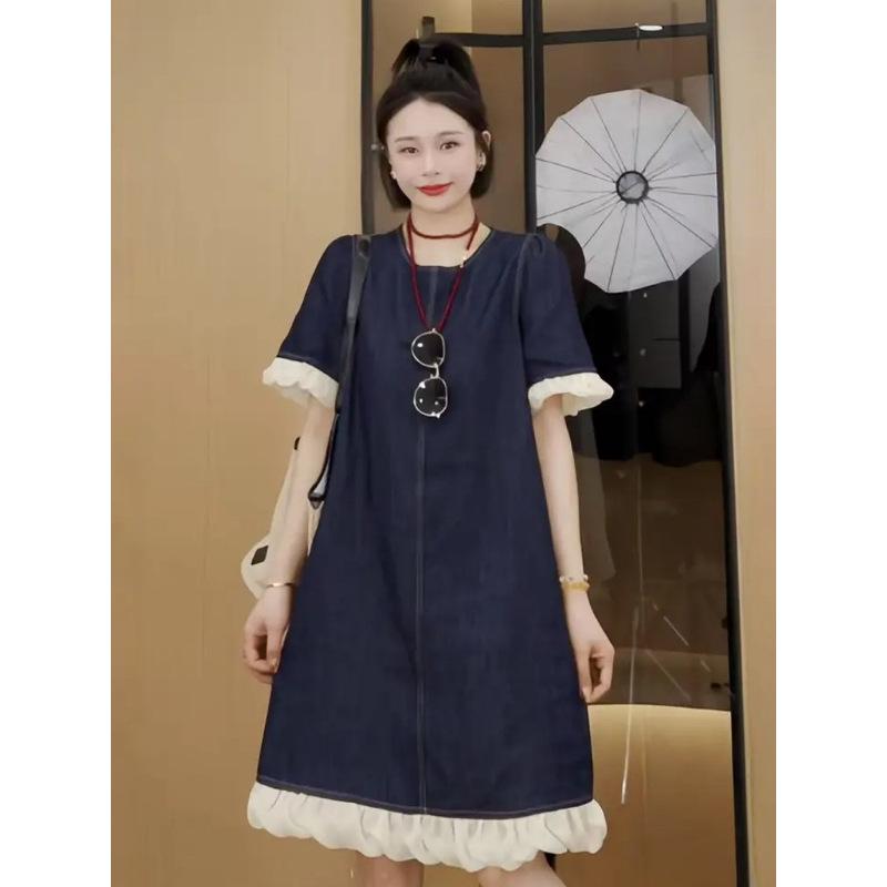 

Trendy 2025 Summer Women s Slimming A-Line Spliced Denim Dress M 85-115 jin