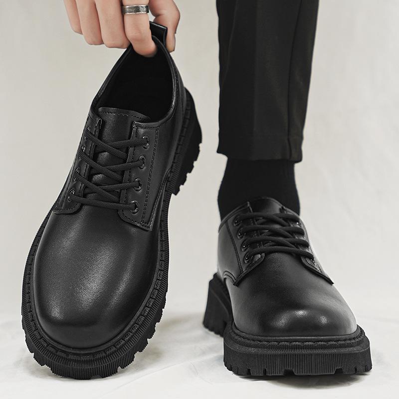 Men's British Style Height Increasing Derby Shoes - Black Leather, Thick Sole, Casual or Wedding Wear