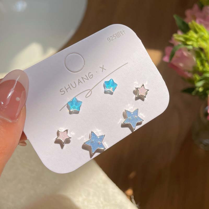 6Pcs/Set Fashion Blue Crystal Star Star Drop Earrings Set for Women Exquisite Zircon Star Chain Earring Y2K Zircon Gift Brincos
