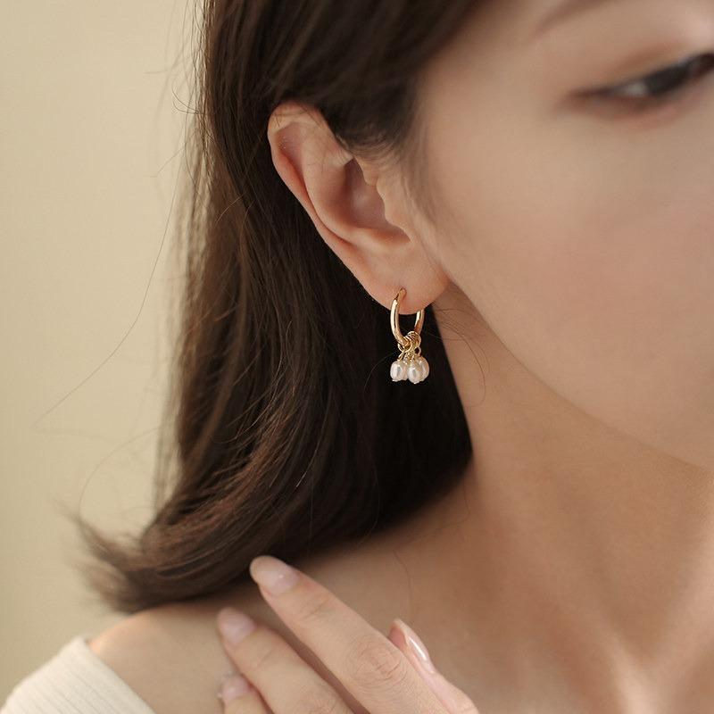 High Quality 14K Real Gold Plated Copper Hoop Earrings For Women Genuine Freshwater Pearl Tassel Strand Wedding Party Jewelry