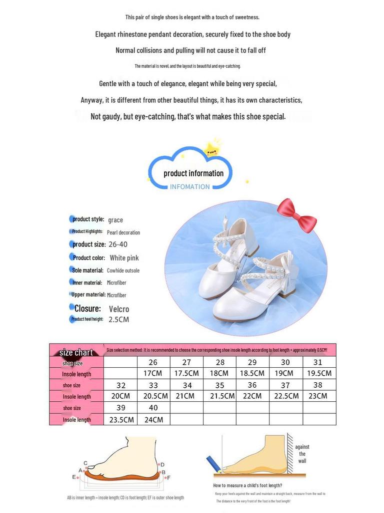 Süße Schleife Perlen Weiche Sohle Prinzessin Hoher Absatz Lederschuhe für Kinder