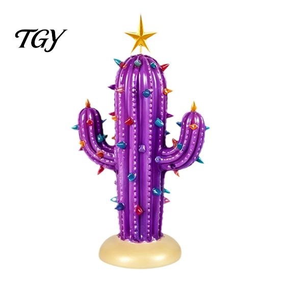 Resin Tabletop Decor for Home Vintage Lighted Cactus Christmas Tree, Saguaro with Bulbs & Golden Colorful Crystal Lamp Display Star Topper,