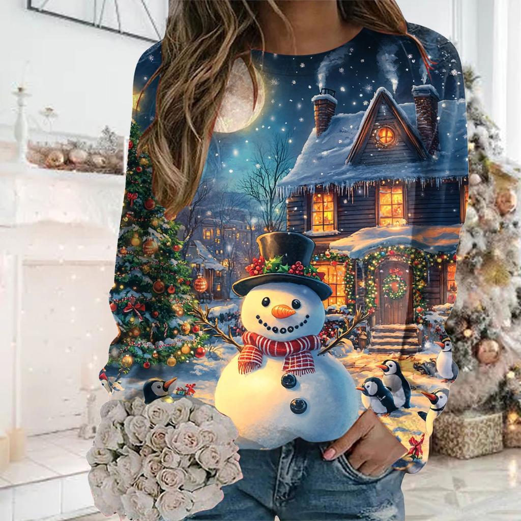Womens Christmas Sweatshirt Cute Holiday Print Long Sleeve Round Neck Pockets Oversize Top Loose Sweatshirts Outerwear