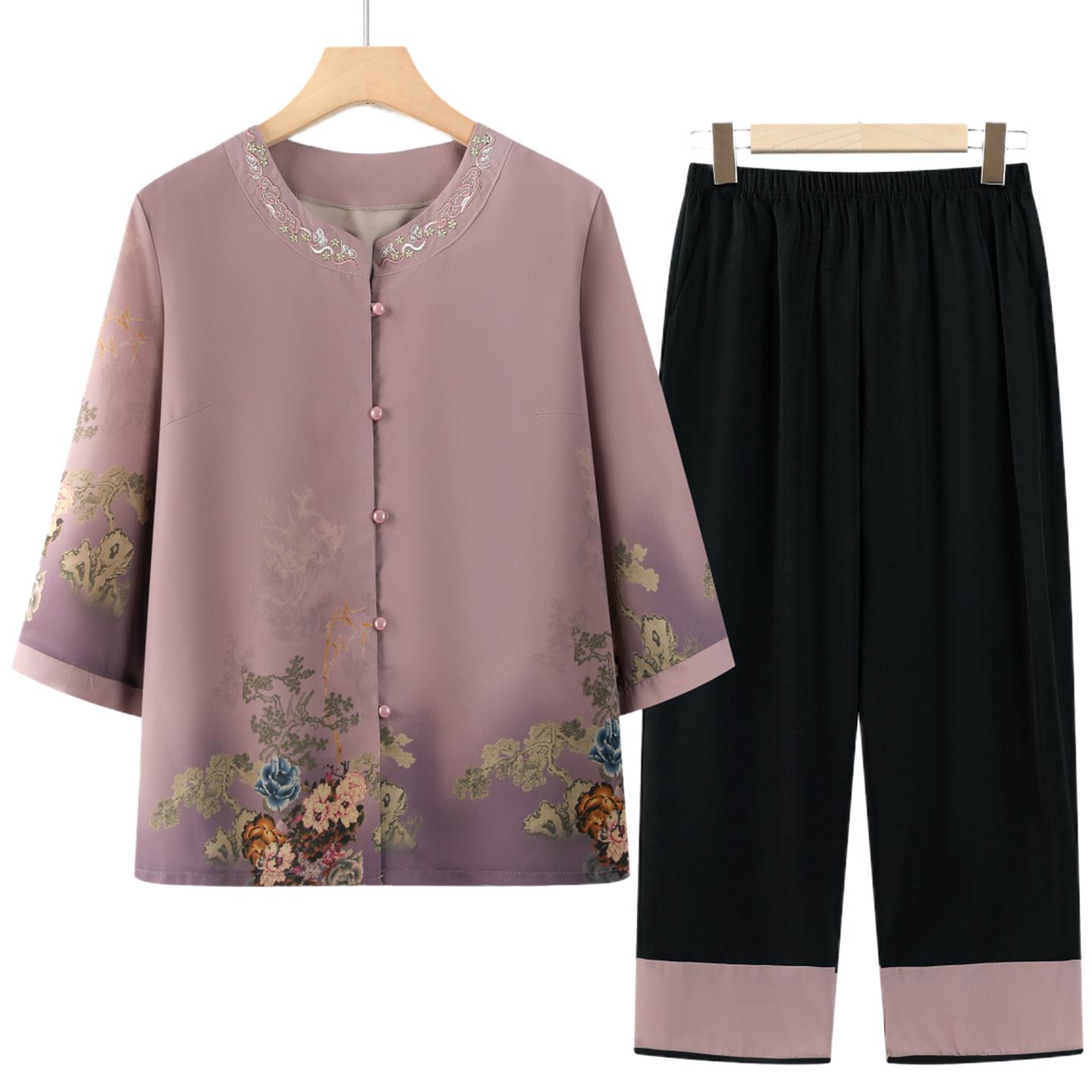 

New Chinese Style Summer Set: Short-sleeved Shirt & Two-piece Outfit for Middle-aged & Elderly Women 5XL (suggested 145-160 jin)