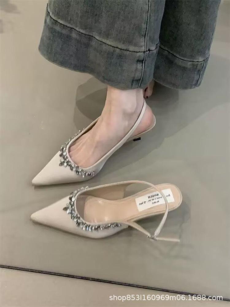 

Nude pointed rhinestone rear empty high-heeled sandals women s 2025 summer European station new one-word buckle wine glass and sandals 40 абрикосовий