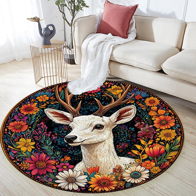 Deer Floral Round Area Rug,Carpet Rug for Living Room Bedroom Sofa Playroom Decor,Non-slip Floor Mat