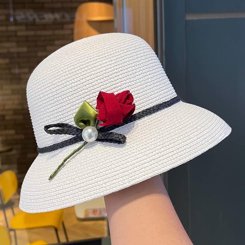 

Элегантный темпераментный козырек из розовой соломы, шляпа рыбака, детская весенняя новинка 2025 года, широкополая солнцезащитная шляпа, закрывающая лицо Adjustable белый
