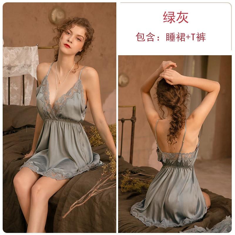 Womens Satin Lingerie Set Deep V Neck Long Sleeve Robe Lace Slip Dress Homewear Sleep Lounge