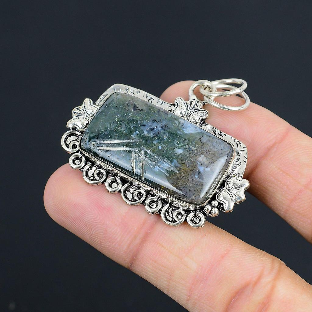 Sisters Day Deal Rectangle Solar Moss Agate Stone Trendy Pendant Sterling Silver