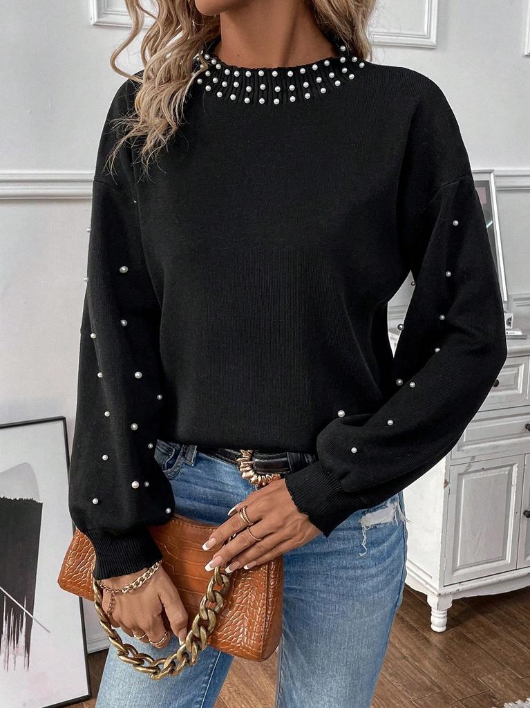 Fashion European and American Cross-border Foreign Trade Amazon Crew Neck Top Pearl Decorative Long-sleeved Knitted Jumper