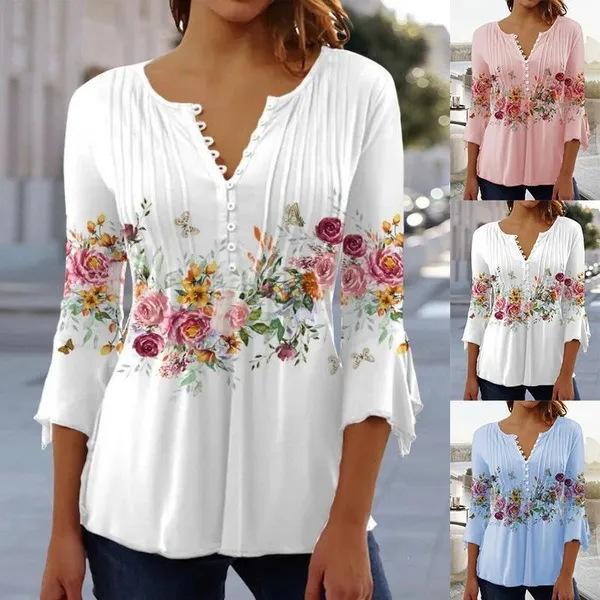 Women Long Sleeve T-Shirt V-Neck Loose Blouse Flower Print Casual Shirt Female Comfortable Top