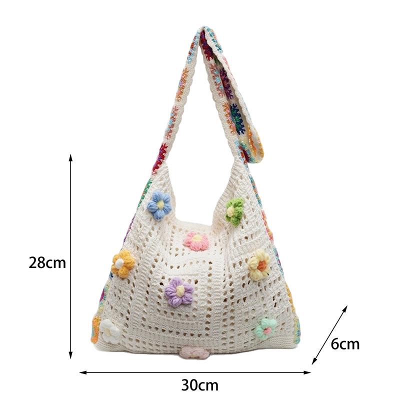Summer Large Capacity Boho Tote Bag Floral Crochet Handbag Vintage Multicolor Cut-Out Knitted Fashionable Hollow Out Handbag