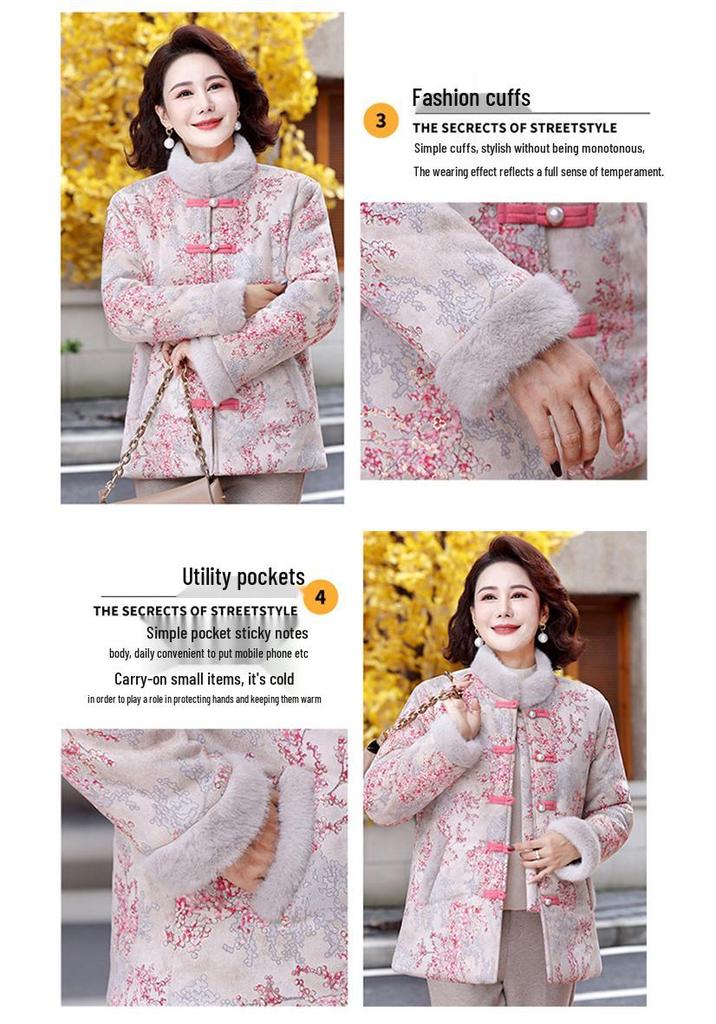Women's Mid-Age Thickened Cotton Jacket with Fleece, Autumn & Winter Tang Style Short Coat for Middle-Aged & Elderly