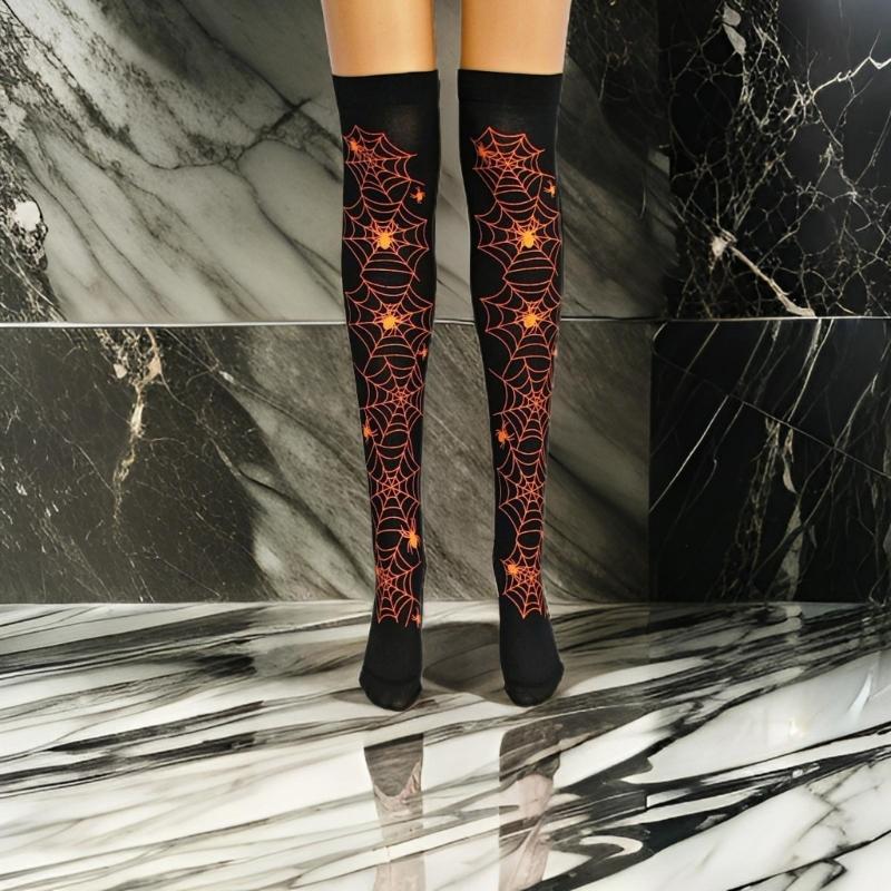 Women Sexy Harajuku Gothic Spiderweb Pattern Over Knee Socks Stretchy Thigh High Stockings for Halloween Cosplay Costume