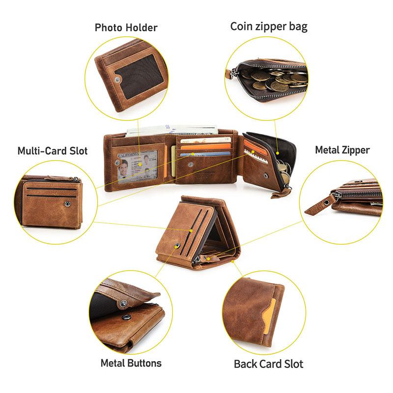 CONTACTS Genuine Leather Men‘s Wallet Short Purse For Men Coin Pocket Wallets Male Portmane