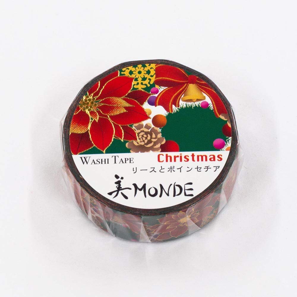 Kamiiso Mon Mondo Masking Tape Masking Tape Washi Tape 15mm Foil Stamping Christmas Poinsettia Wreath Scrapbook Art Craft DIY