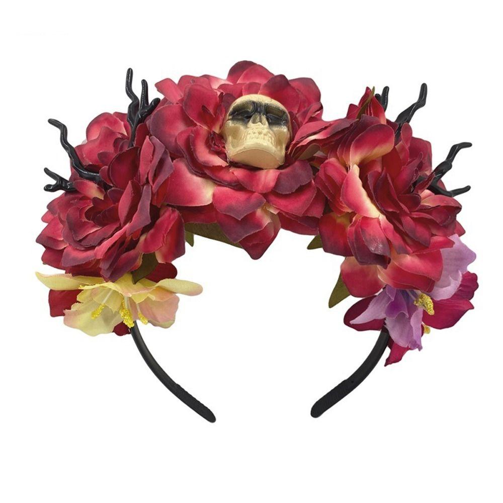 Rose Flower Simulation Flower Headband Skeleton Skull Hair Hoop Halloween Hair Band Festival