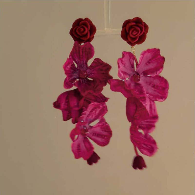 Delicate Red Flower Drop Earrings for Women Girls Fashion Petal Tassel Long Earrings Temperament Wedding Jewelry Accessories