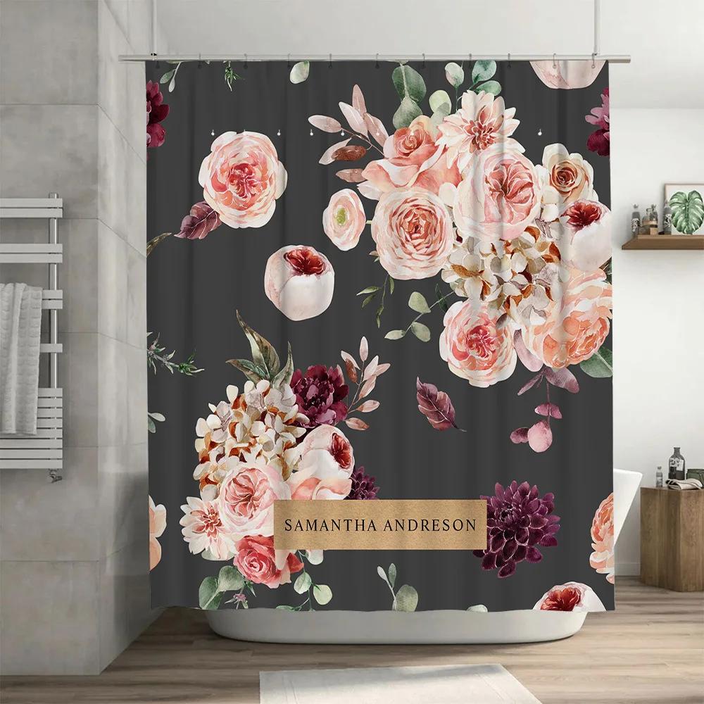 Pink Floral Bath Shower Curtain Set with Personalized Name for Bathroom Decor Black Background Waterproof Fabric Customizable Si