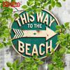 1PC Vintage Beach Metal Wall Art Round 2D Iron Sign This Way To The Beach Lettering Coastal Home Decor
