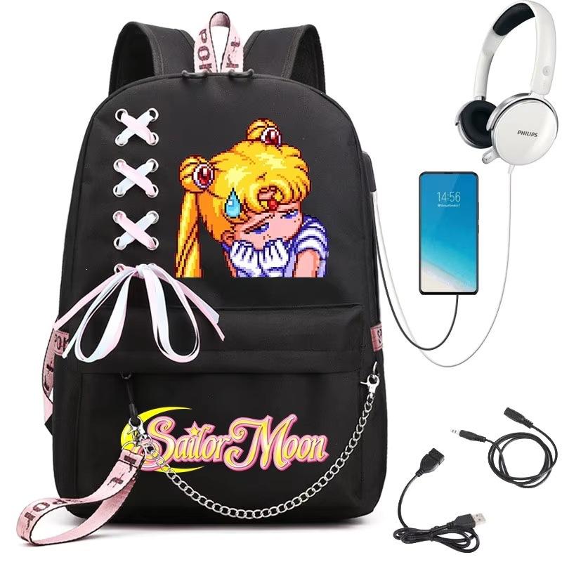 Sailor Moon Printed Student Backpack Ribbon Shoulder Bag Girls School Travel Backpack Large Capacity School Bag