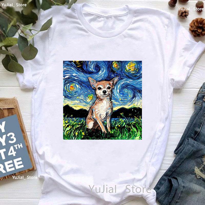 Vintage T Shirt Girls Starry Sky Chihuahua Bulldogaussieyorkshire Terriercatrabbit Print T Shirt Unisex Aesthetic Clothes