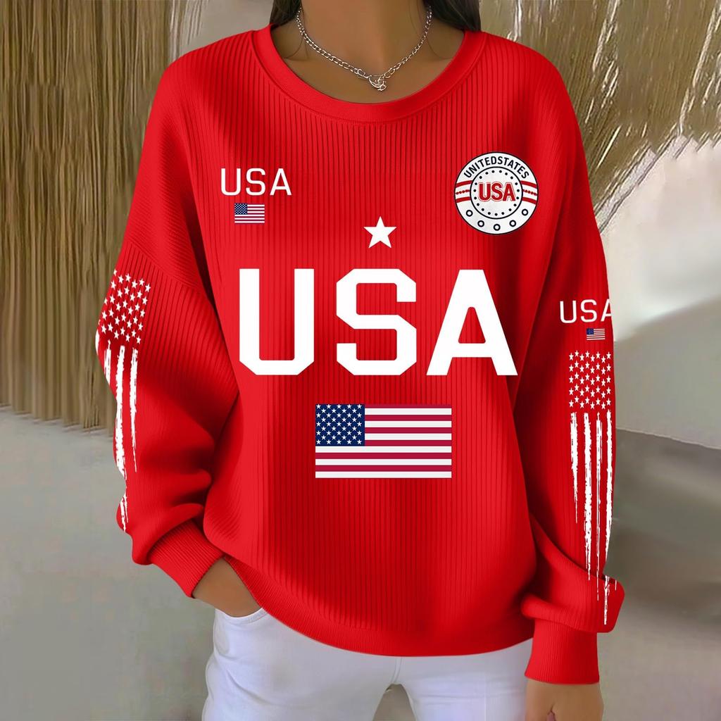 Bluza z długim rękawem z nadrukiem liter USA, z okrągłym dekoltem, casualowa, luźny krój, top dla kobiet, mężczyzn, unisex, wzór flagi
