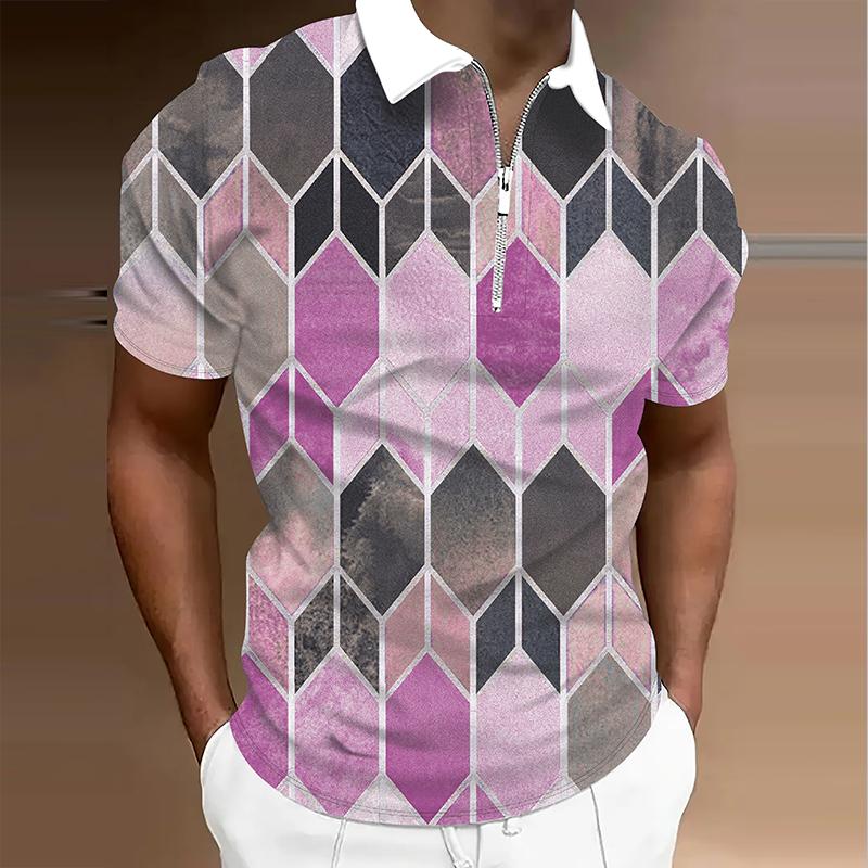 Herren Poloshirt Freizeit Reißverschluss Kurzarm Mode Lässig Reißverschluss Sommer Frühling Normale Passform 3D Rautenmuster Hemd