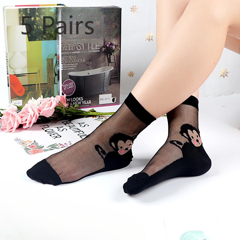 5 Pairs of Light and Breathable Cartoon Bear Mid Calf Socks for Women In Spring and Summer