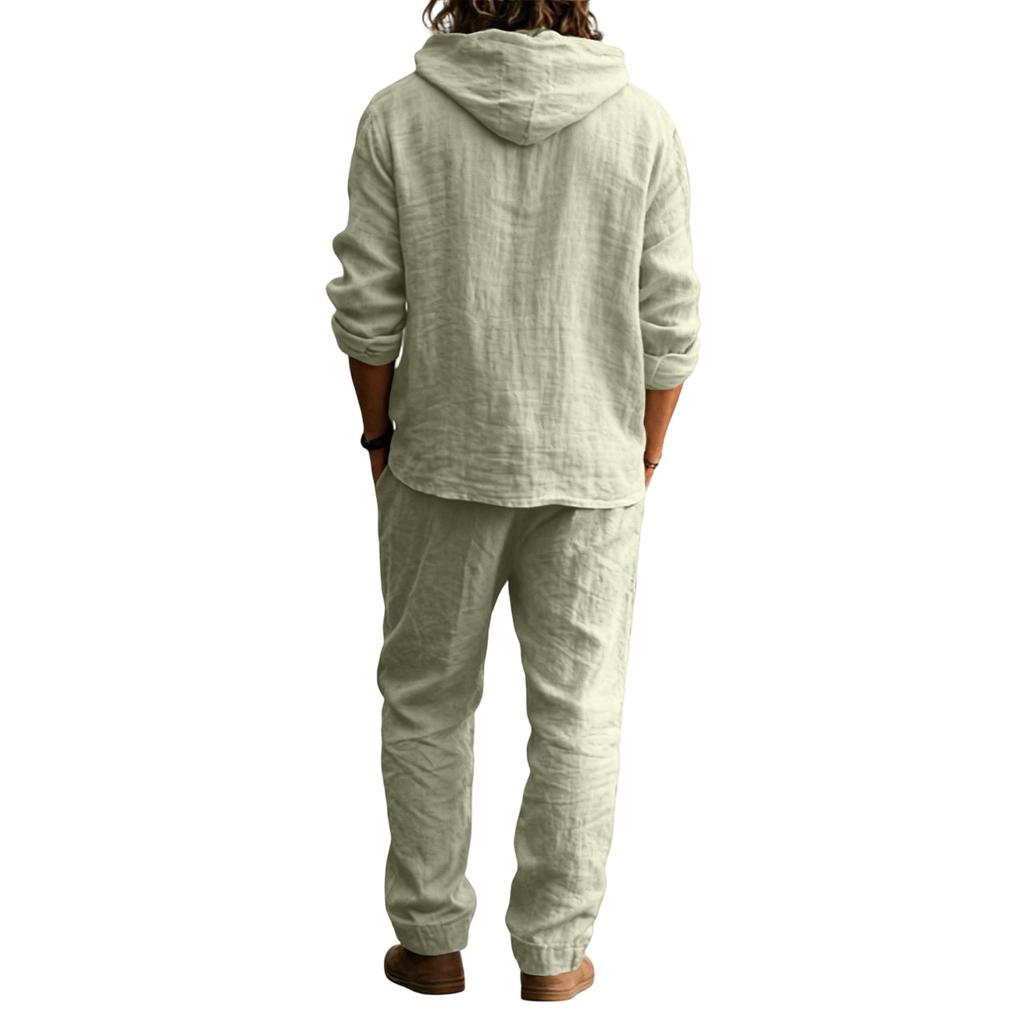 Herren Leinen Freizeit Set, Knopfhemd Elastische Taille Kordelzug Locker, Passende Hose Bequem Zwei-Teile-Set