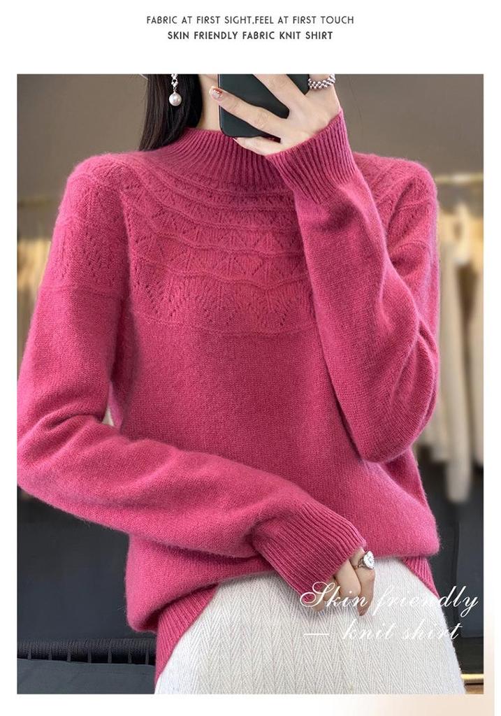Autumn/Winter Women's Knitwear: Hollow Out Half-High Neck Long Sleeve Loose Slimming Pullover Sweater.
