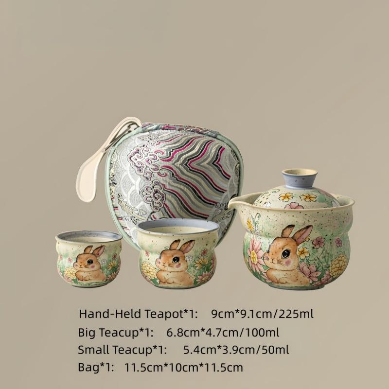 

Cute Rabbit And Beautiful Flowers Ceramics Travel Tea Set Portable Outdoor KuaiKe 1Teapot 2Teacups KungFu Tea Set Tea Ceremony Three-piece Set