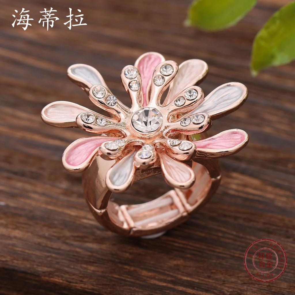 Neuer farbig bemalter Ölpunkt-Diamant kombiniert mit elastischem Blumenring, modischer und hochwertiger vielseitiger Damenring