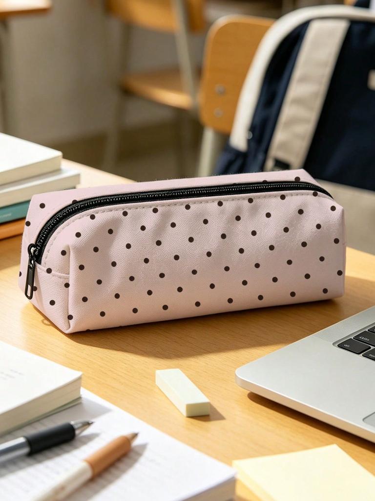 Polka Dot Pencil Case Set Large Capacity Canvas Zipper Pen Pouch for Students School Office Travel Makeup Storage