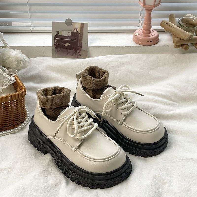 Student platform small leather shoes women's 2025 new lace-up heightening British style one-pedal single shoes British style small leather shoes