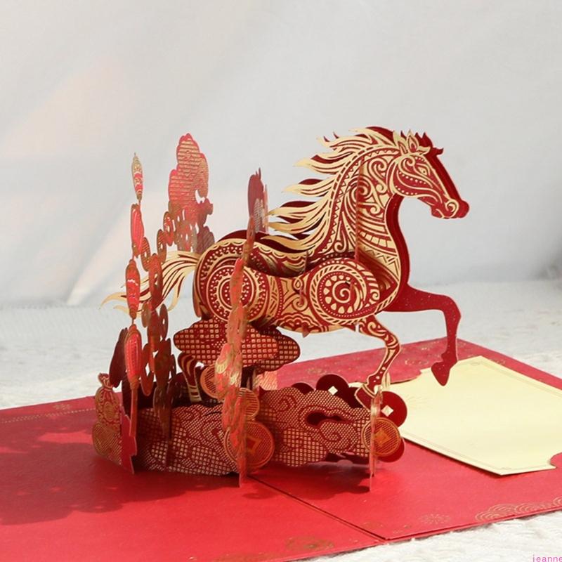 

Festive 2026 New Year Celebration Card Horse Motifs And Gold Foils Embellishments Greeting Card with Envelope China Mainland