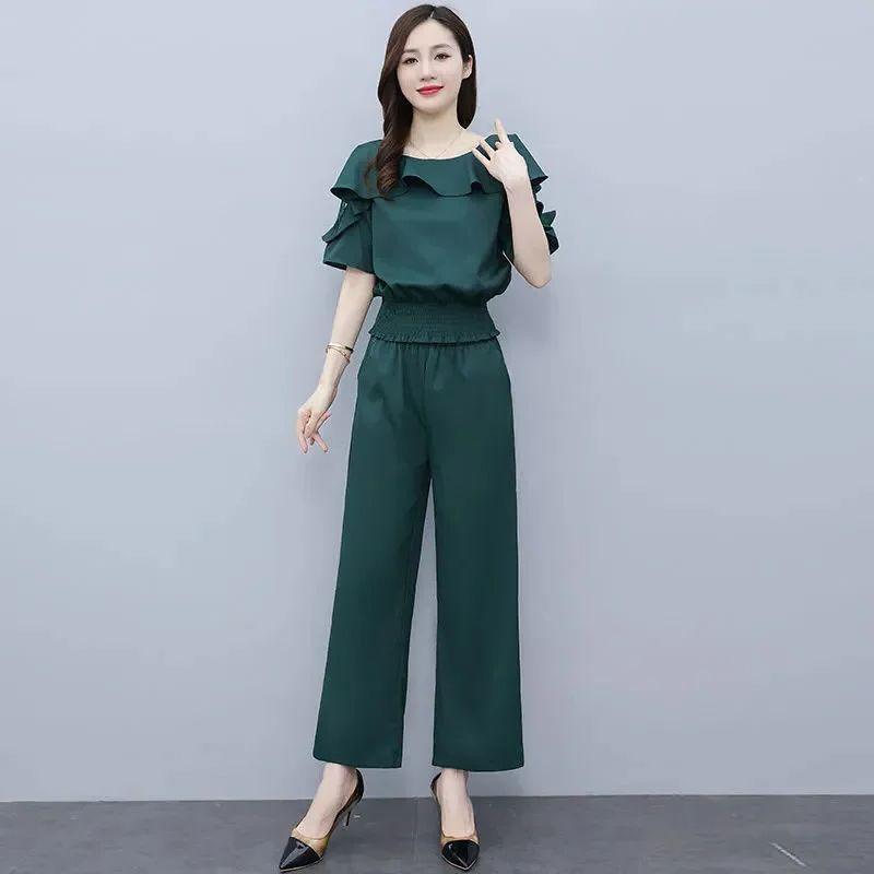 

Женский летний костюм с поясом, кружевом, ажурным узором, открытыми плечами, короткими рукавами, широкими брюками, комплект из двух предметов для женщин M зелёный