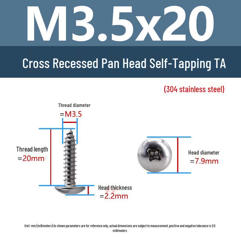 304 Stainless Steel Large Flat Head Self-Tapping Screws, TA Umbrella Head, Pointed Tail, M2-